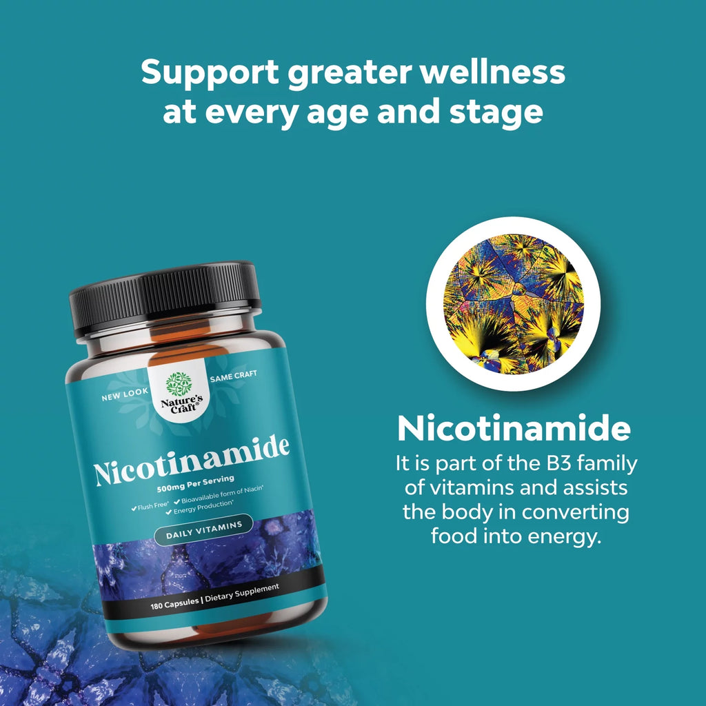 Niacinamide 500mg Capsules, Flush Free Niacin Supplement, 180 Count O7467
