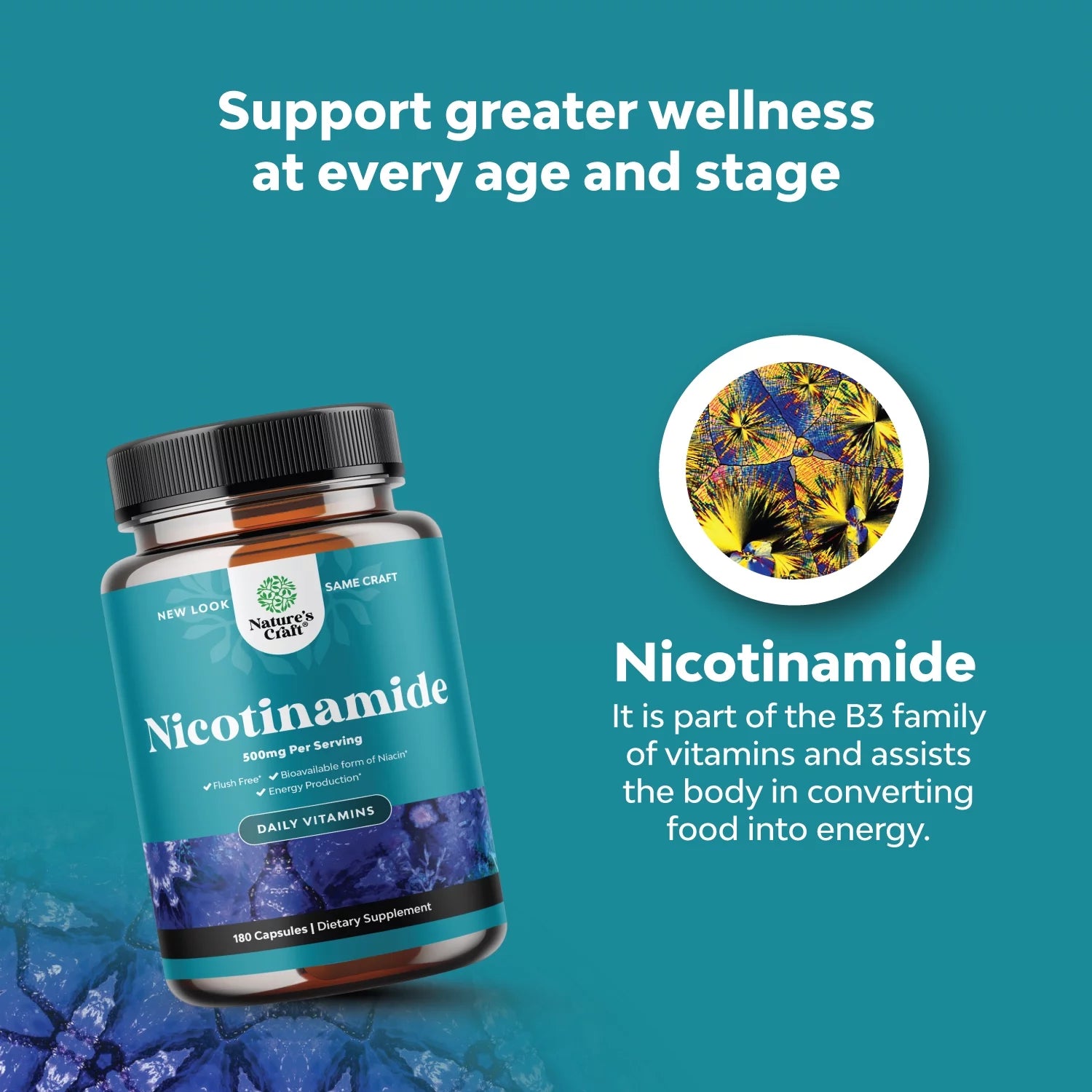 Niacinamide 500mg Capsules, Flush Free Niacin Supplement, 180 Count O7467
