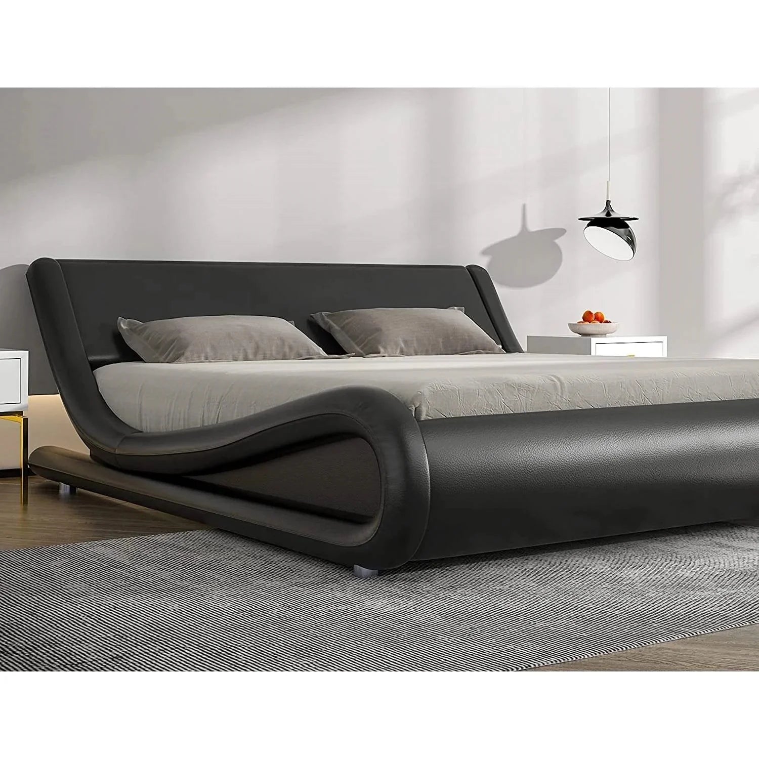 Modern Black Faux Leather Platform Bed Frame with Headboard Q1411