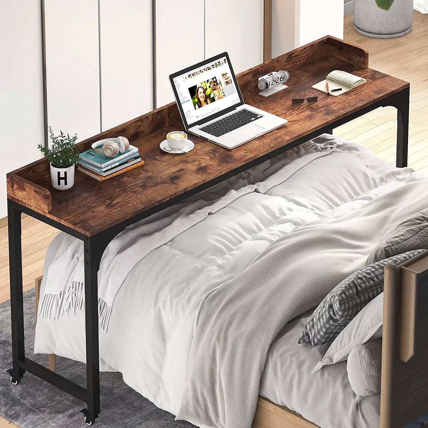 Brown Overbed Table with Wheels, Mobile Desk with Metal Legs Z9651
