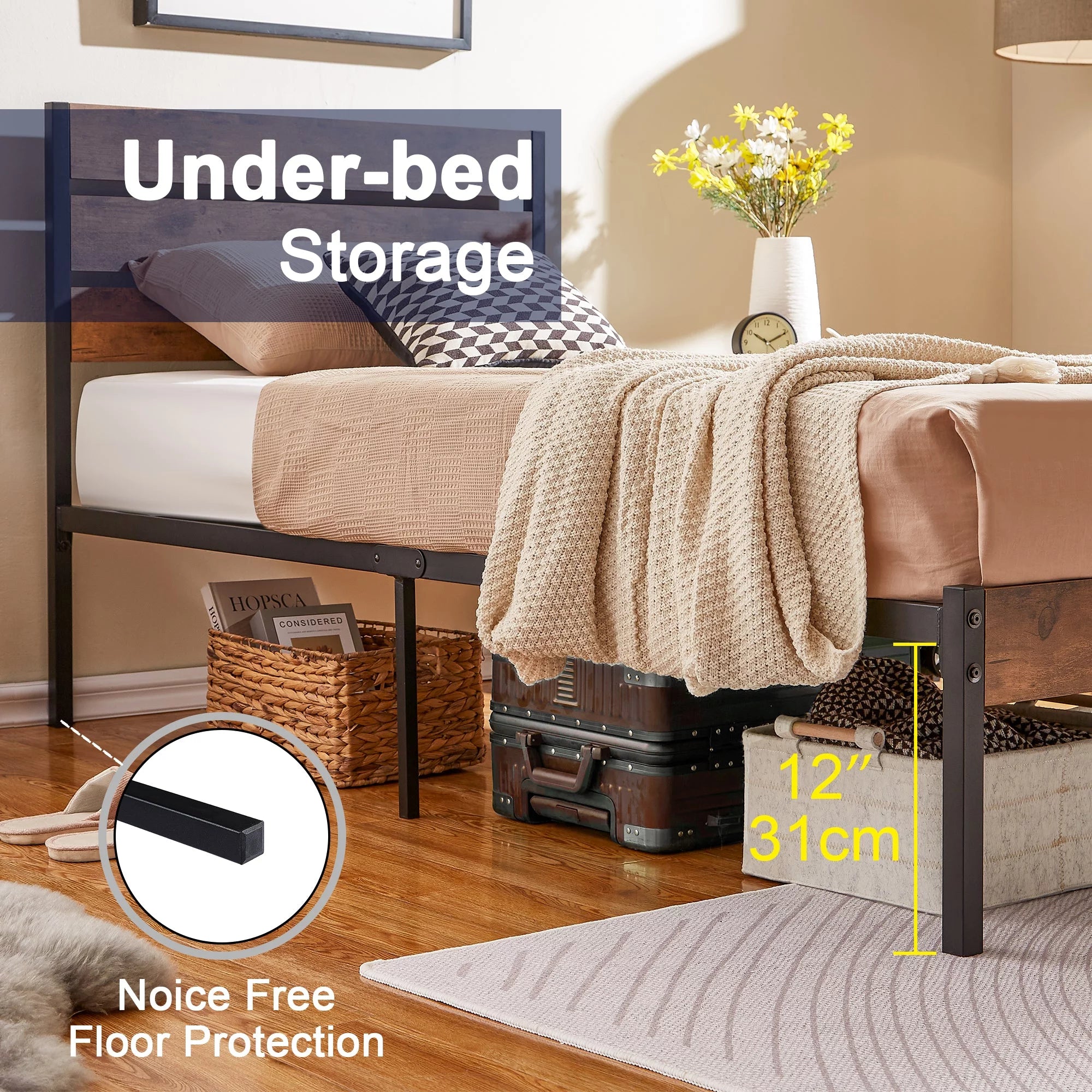 Twin Bed Frame with Wooden Headboard, Rustic Industrial Platform Bed D329