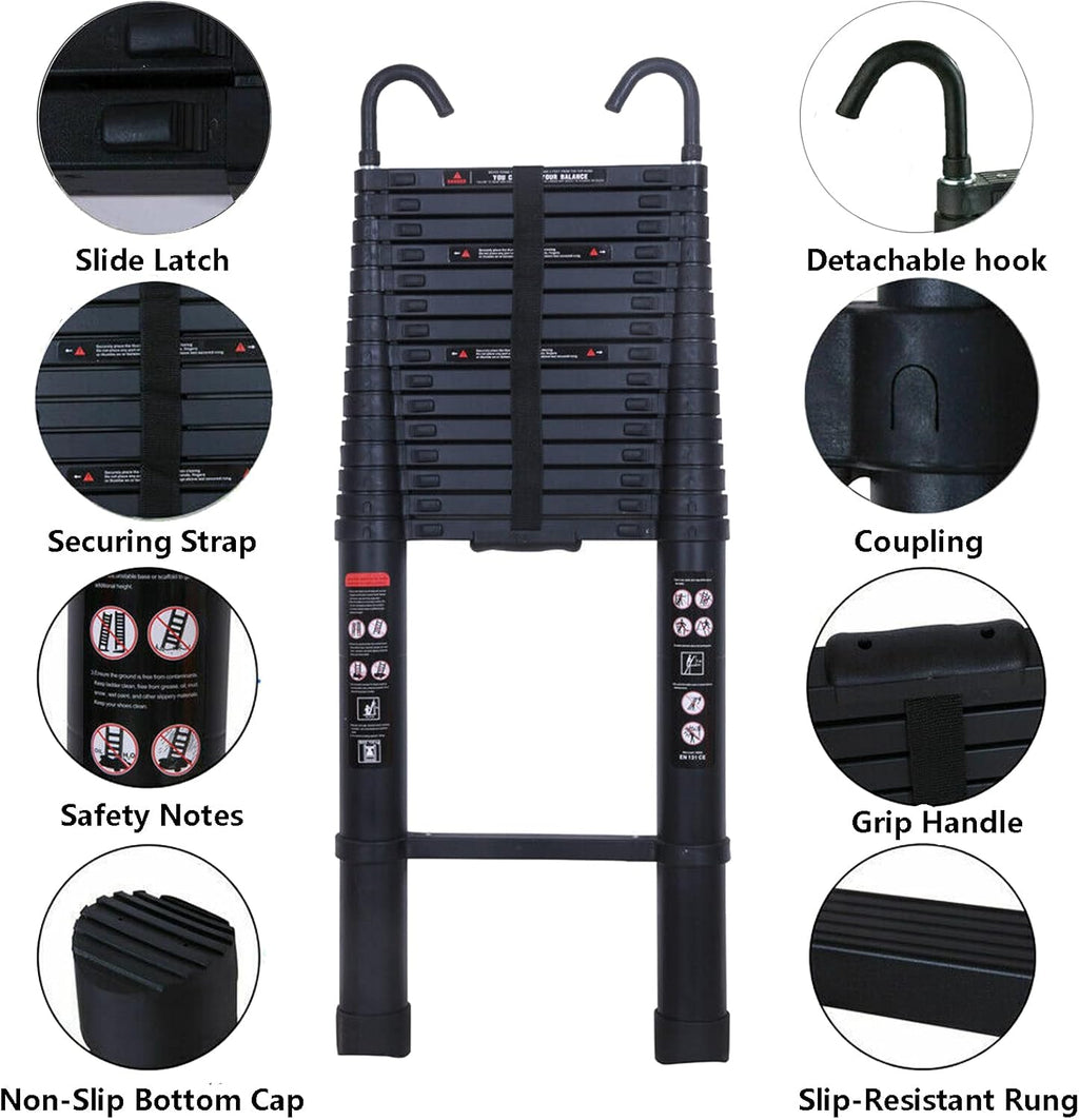 Aluminum Telescoping Ladder with Detachable Roof Hooks, 20 FT, Lightweight D360
