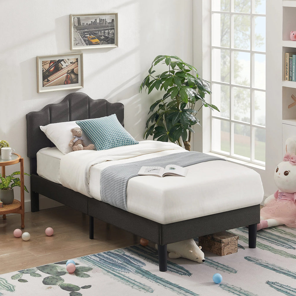 Twin Size Bed with Adjustable Headboard, Upholstered Platform Bed Frame, Dark Grey E687