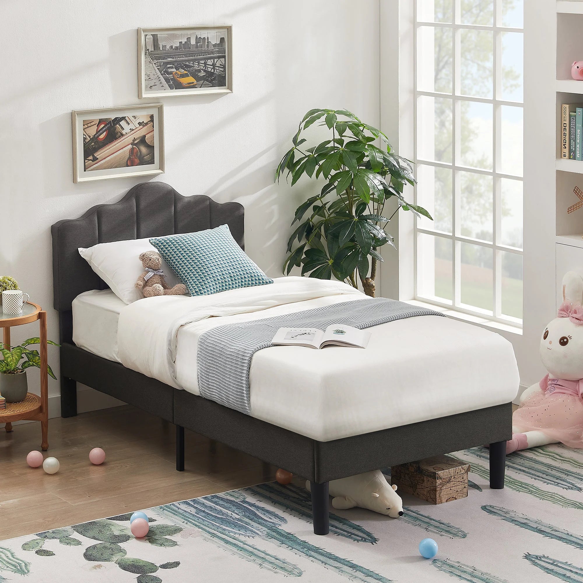 Twin Size Bed with Adjustable Headboard, Upholstered Platform Bed Frame, Dark Grey E687