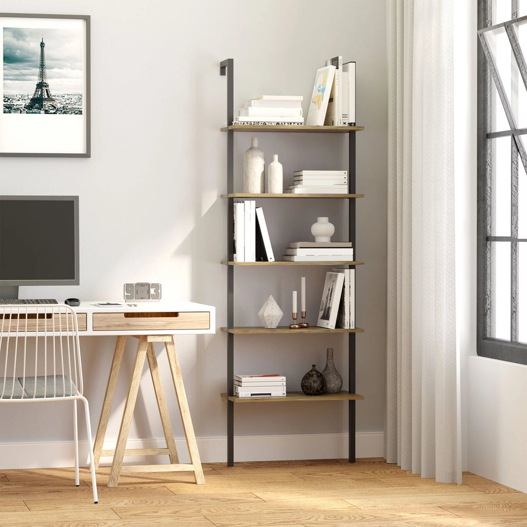 Industrial 5 Tier Wall Mount Ladder Shelf with Metal Frame, Corner Unit E10706