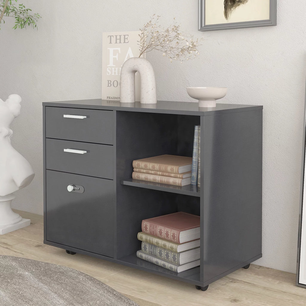 Wood File Cabinet with Lock, Mobile Lateral Filing Cabinet, Printer Stand S51832