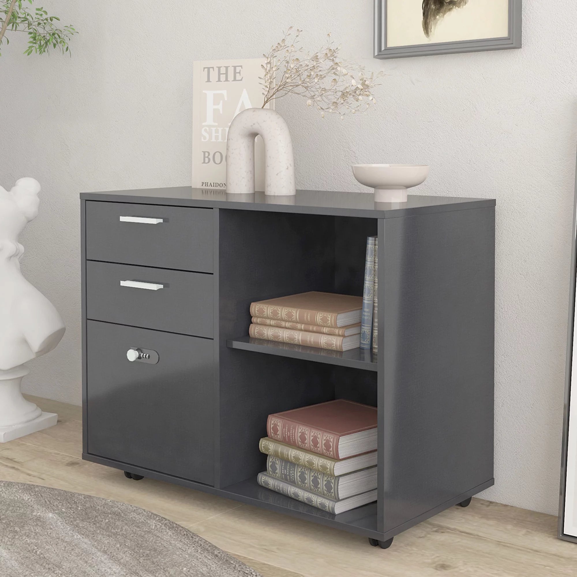 Wood File Cabinet with Lock, Mobile Lateral Filing Cabinet, Printer Stand S51832