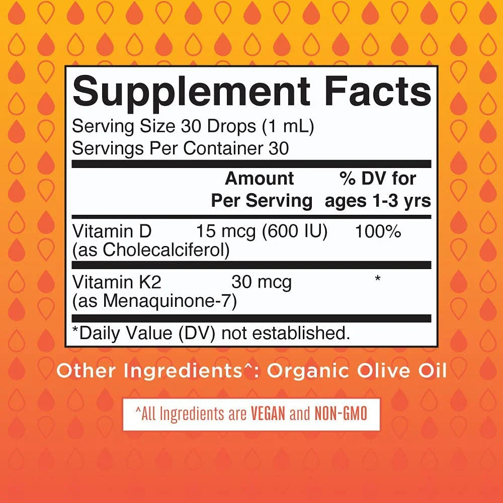 Vitamin D3+K2 Liquid Drops, Unflavored, Vegan, 1 fl oz E718