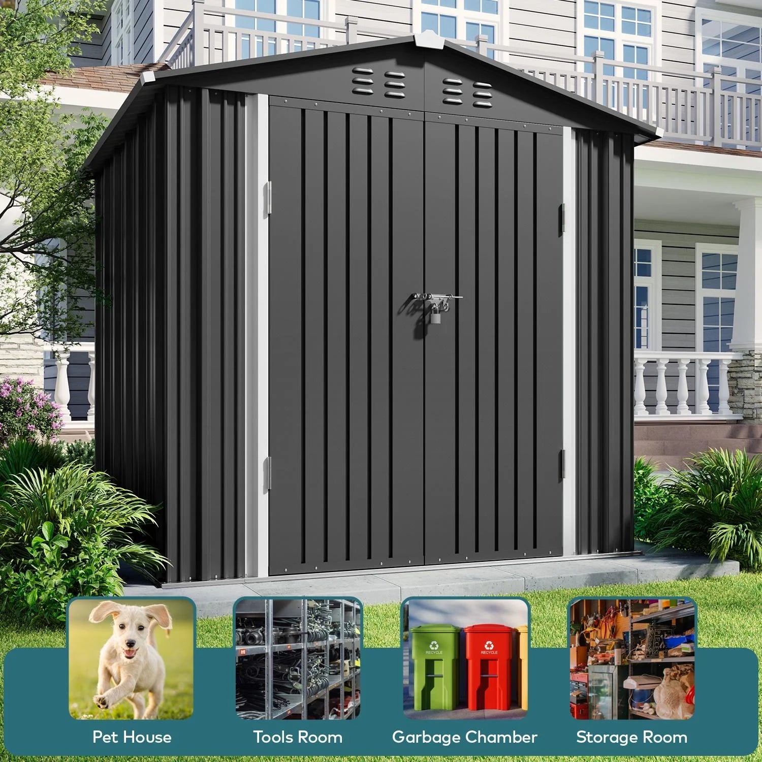 Outdoor Storage Shed with Base Frame, Metal Garden Shed, Dark Gray I45016