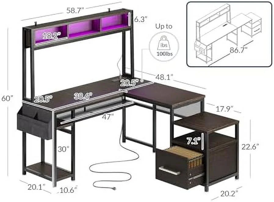 Computer Desk with Monitor Stand and File Cabinet, L-Shaped Desk for Home Office N921865
