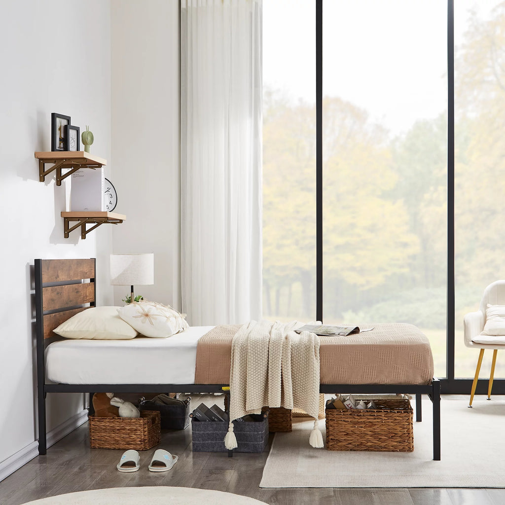 Twin Bed Frame with Wooden Headboard, Rustic Industrial Platform Bed D329