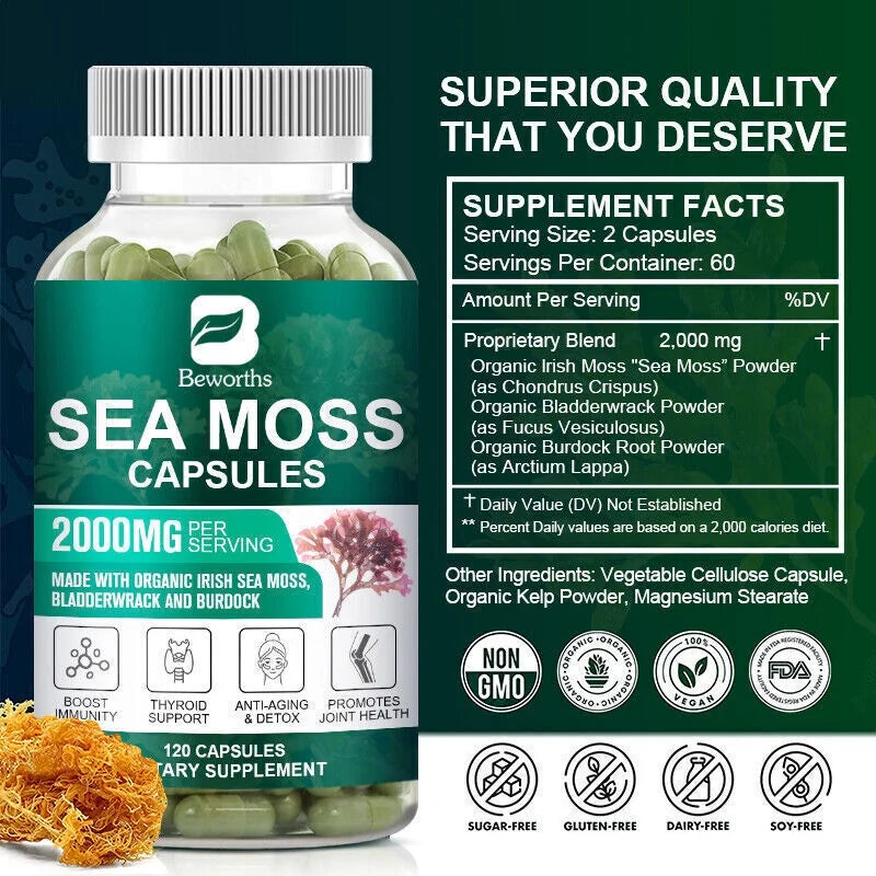 Organic Sea Moss Capsules with Bladderwrack and Burdock Root F428255