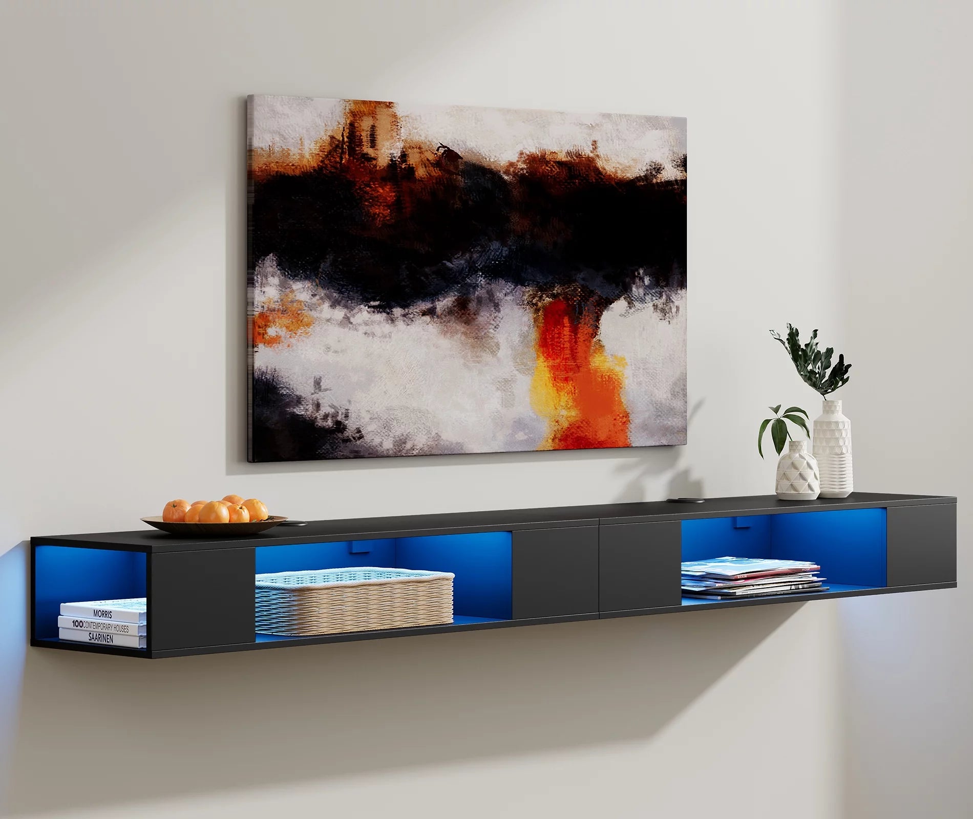 75 inch Blue LED Floating TV Stand for TVs, Wall Mounted Media Console with Storage T1122