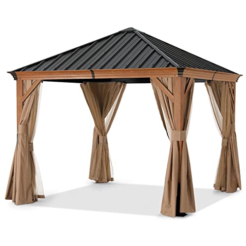 Outdoor Metal Hardtop Gazebo 8x8 with Netting and Curtain for Patio Backyard R36696