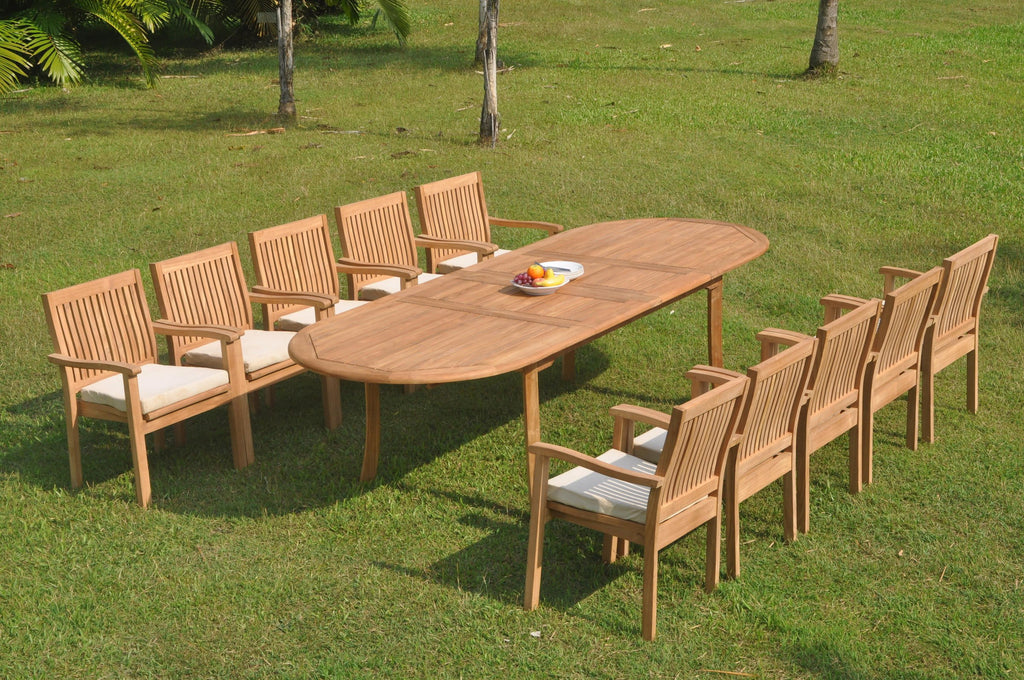 Teak Outdoor Dining Set 10 Seater with Oval Extension Table and Stacking Arm Chairs A956577