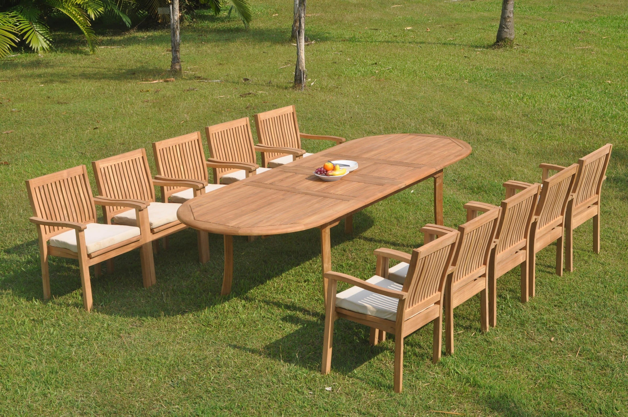 Teak Outdoor Dining Set 10 Seater with Oval Extension Table and Stacking Arm Chairs A956577