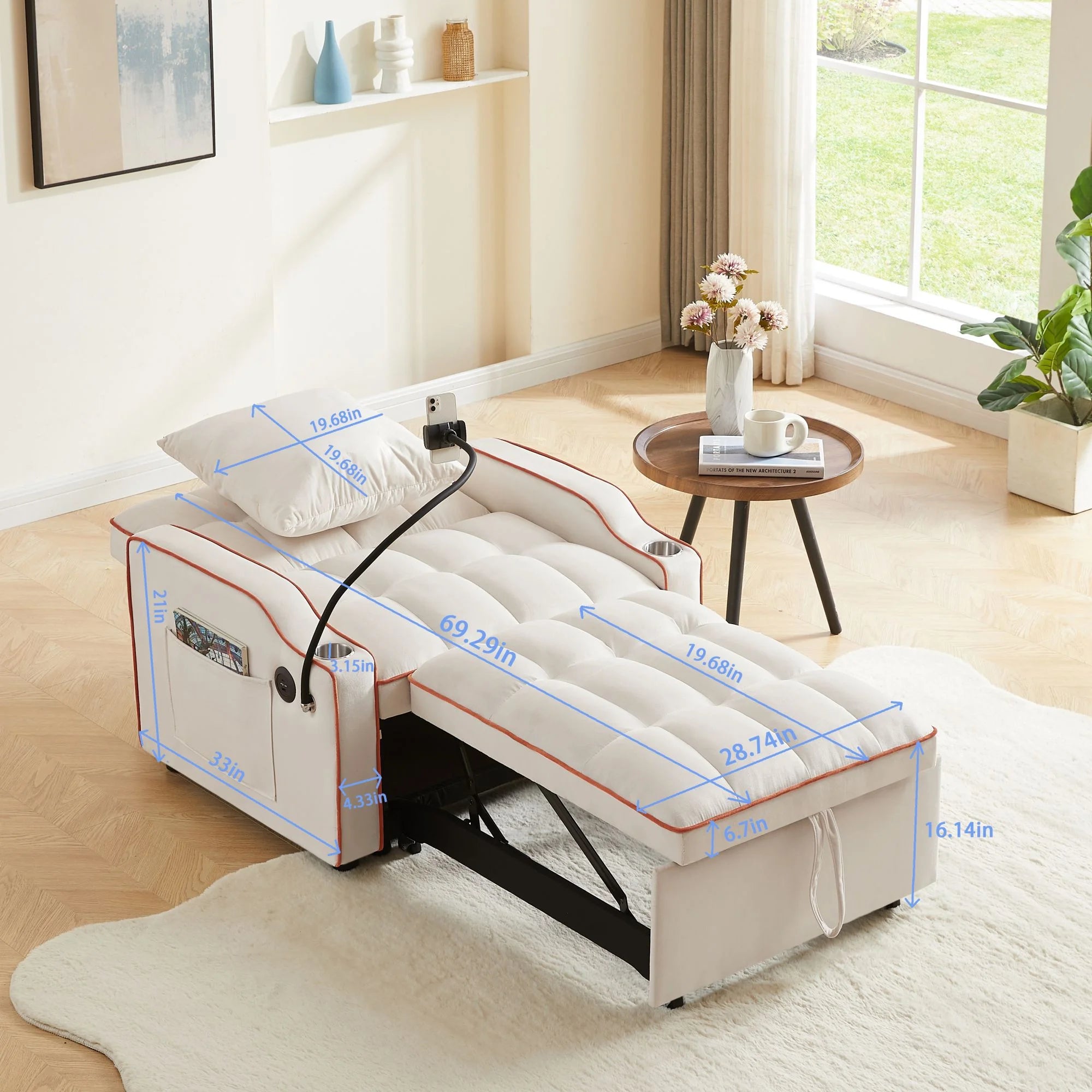 Sleeper Chair Bed, Convertible Pull Out Sofa Bed with USB Port and Cup Holders, Beige S570