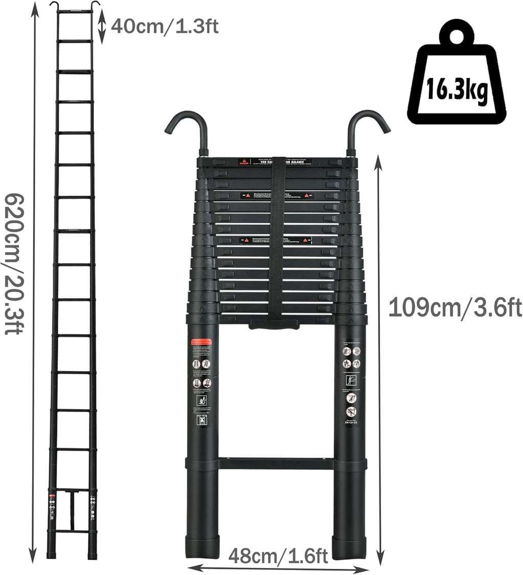 Telescoping Ladder 20FT Compact Extension Ladder with Detachable Roof Hooks G343880
