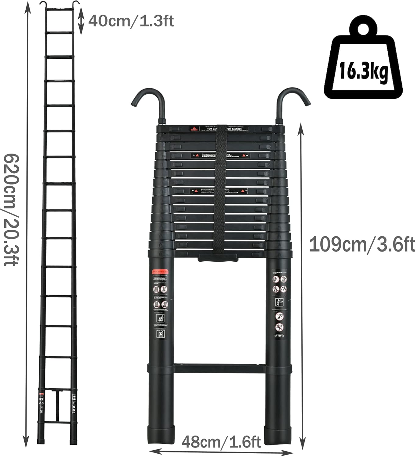 Telescoping Ladder 20FT Compact Extension Ladder with Detachable Roof Hooks G343880