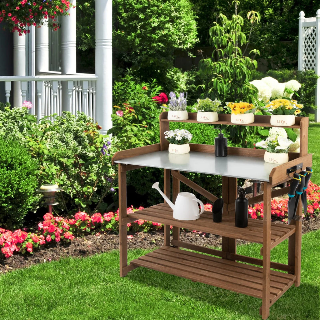 Folding Potting Bench Table Outdoor Garden Wooden Workstation with Galvanized Tabletop M711
