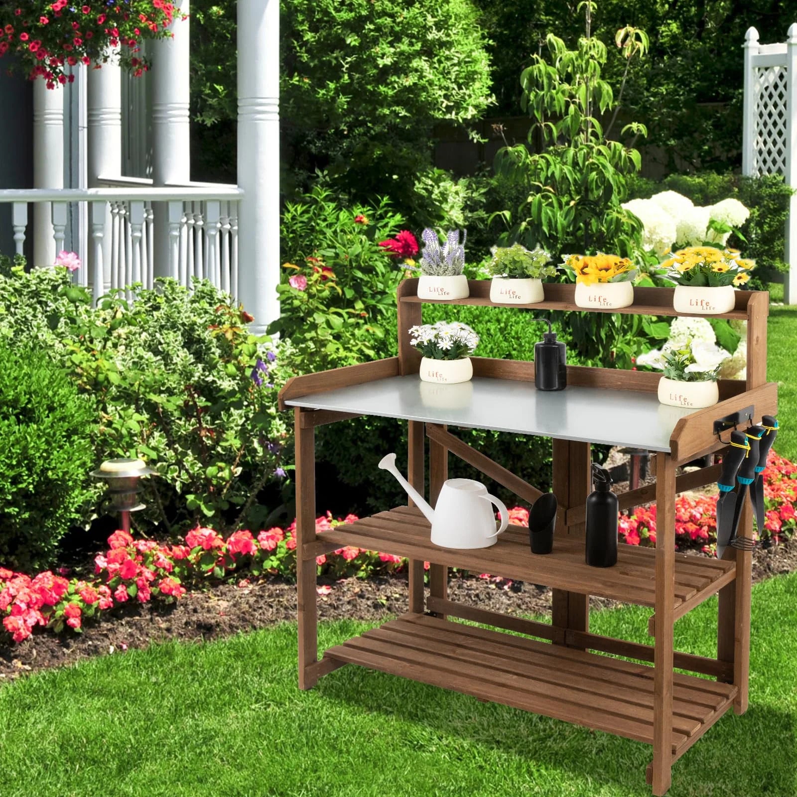 Folding Potting Bench Table Outdoor Garden Wooden Workstation with Galvanized Tabletop M711