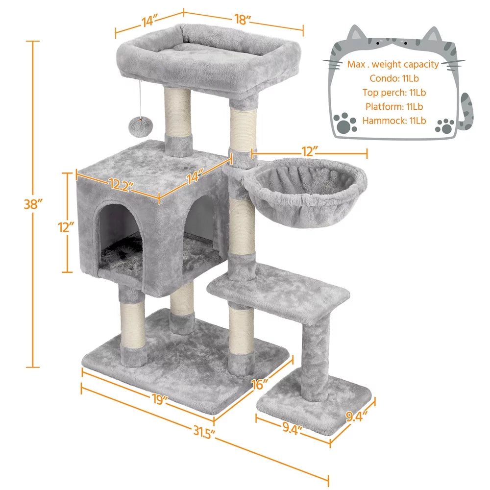 Cat Tree with Condo Perch Basket and Scratchers, Light Gray H7967