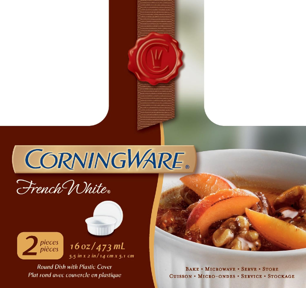 French White 16-Ounce Round Dish with Plastic Cover, Pack of 2 F553