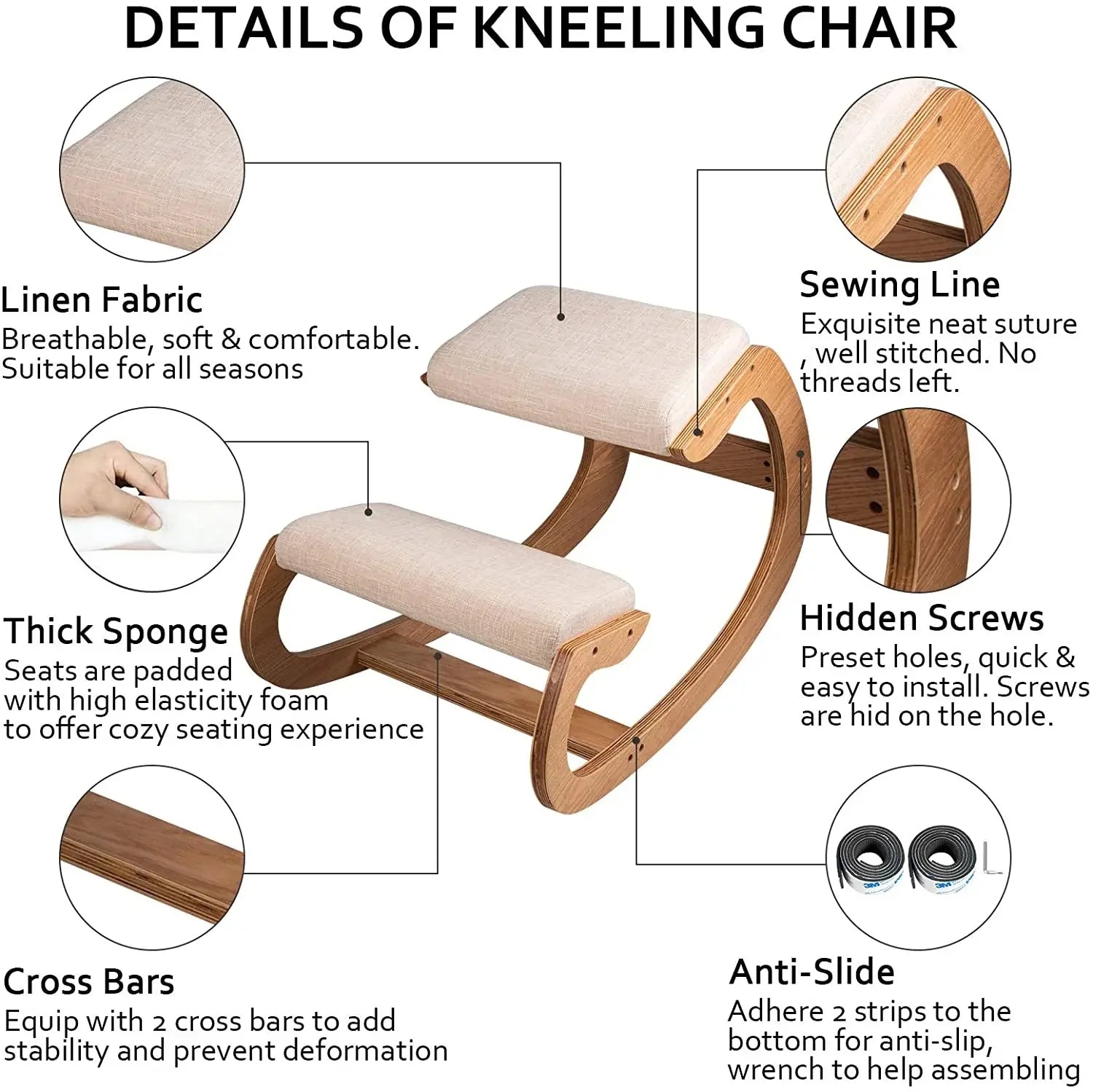 Ergonomic Rocking Wooden Kneeling Chair Stool with Thick Cushion, White Oak Frame X736798