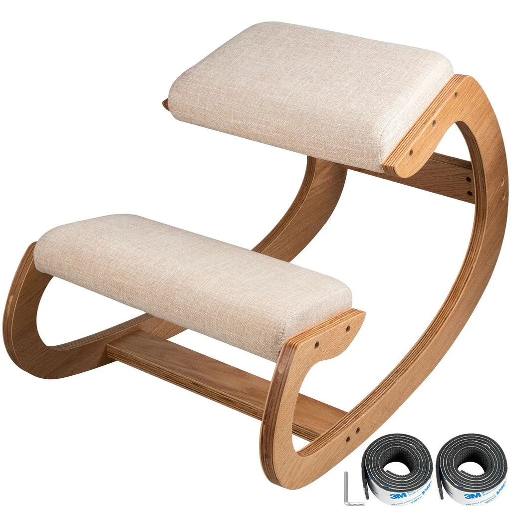 Masslatie Ergonomic Rocking Wooden Kneeling Chair Stool Correct Posture Computer Chair Original Home Office Furniture Thick Cushion,White oak frame