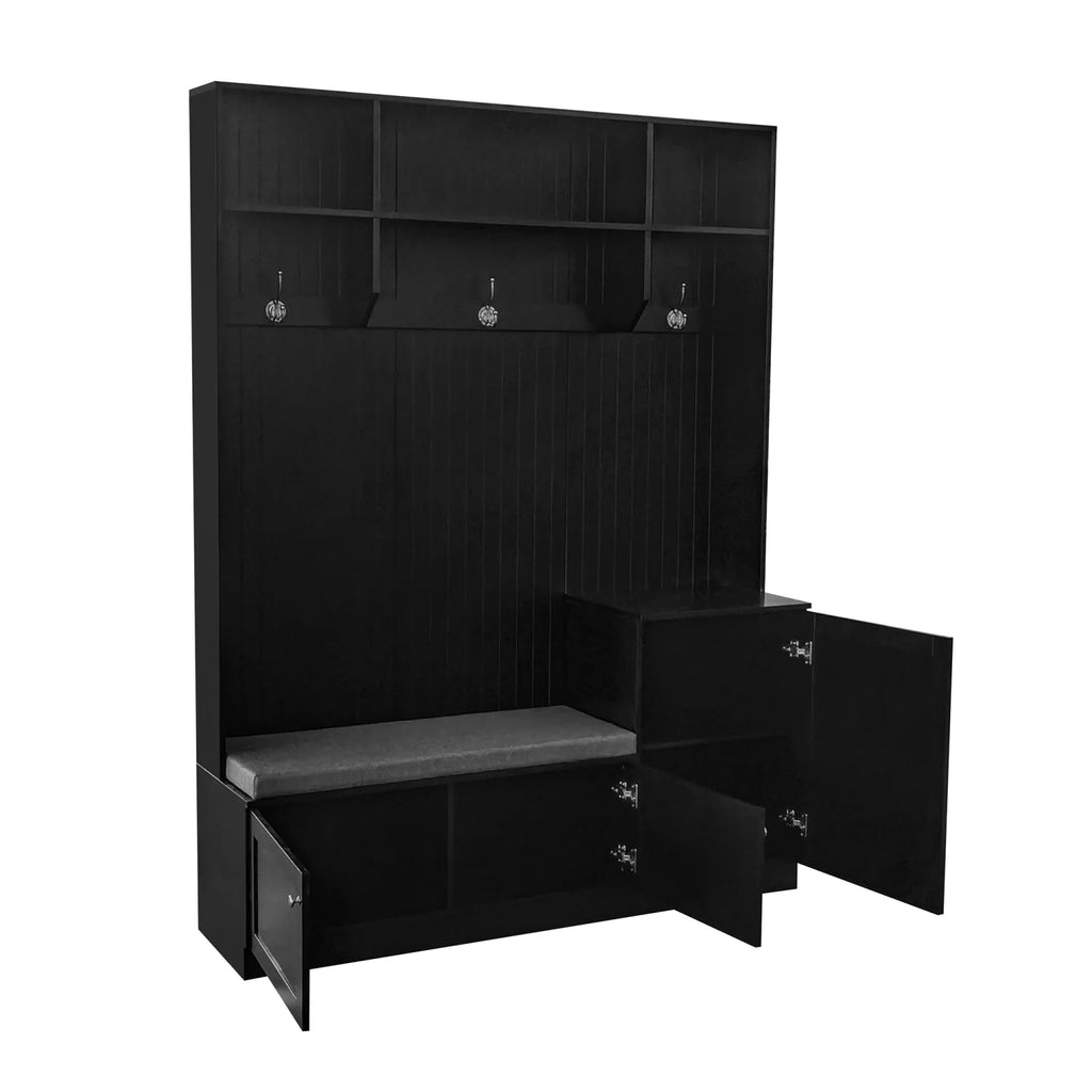 Hall Tree with Bench and Shoe Storage, Coat Rack with Cushion, Black P6332