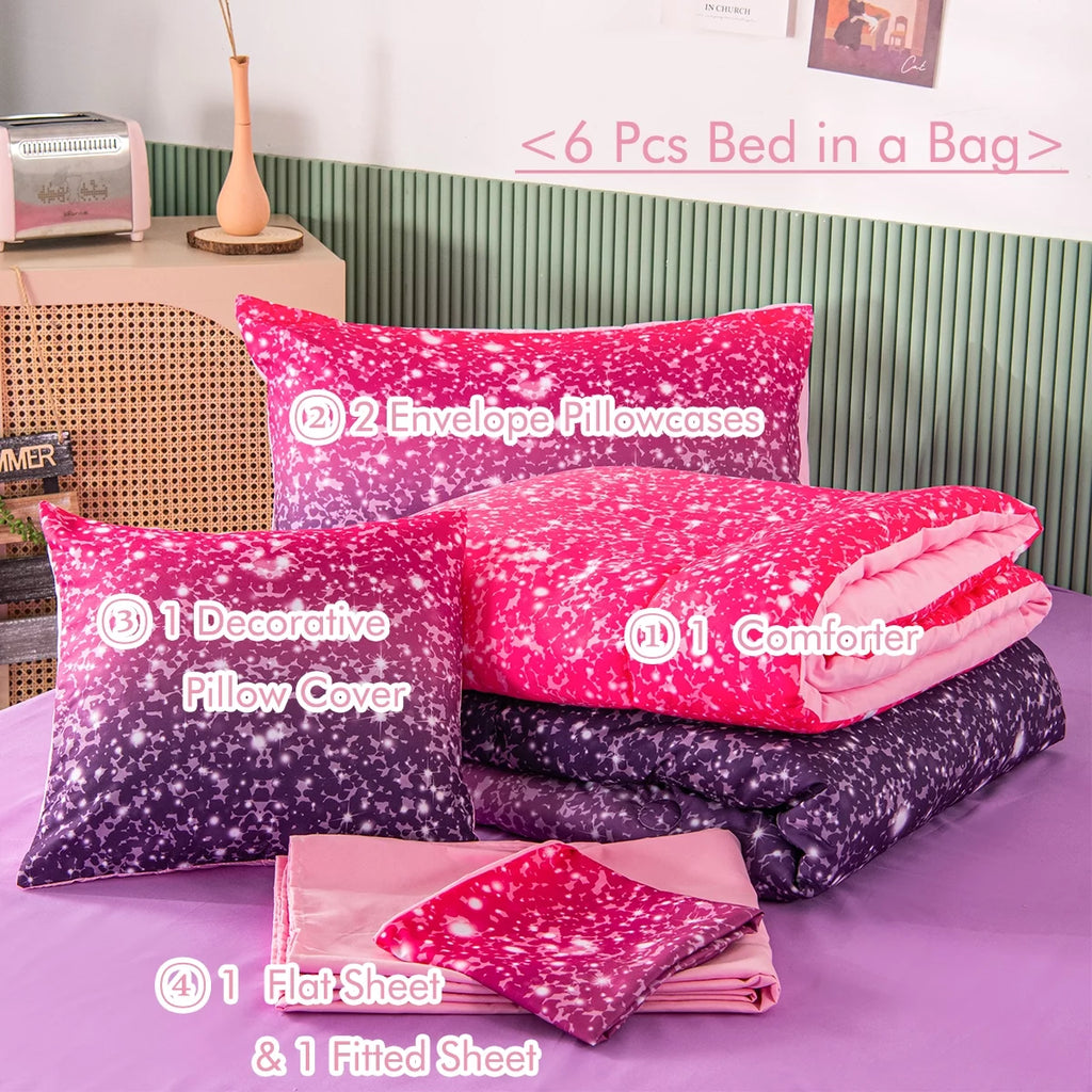 Twin Gradient Pink Purple Glitter Comforter Set for Girls V9183