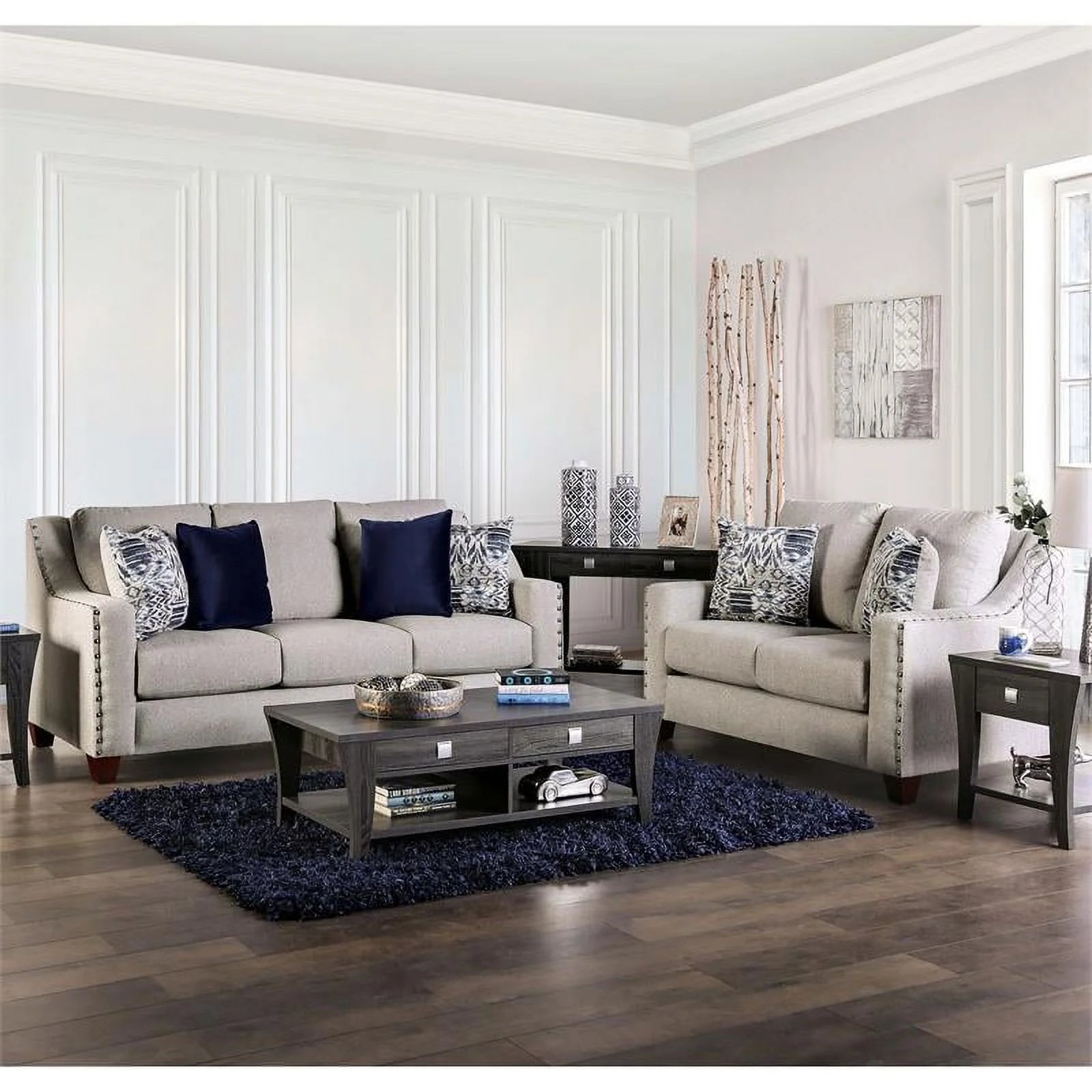Transitional Fabric Nailhead Sofa Light Gray X713