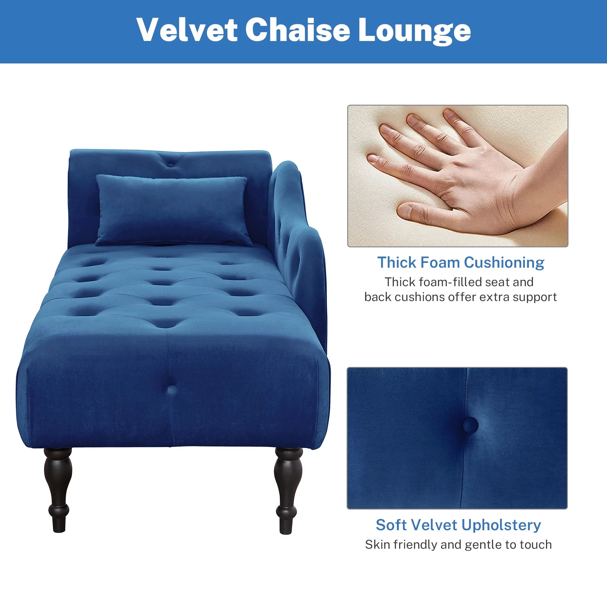 Modern Lounge Chaise Indoor, Upholstered Accent Chair with Button Tufted Seat and Solid Wooden Legs, Blue H5118