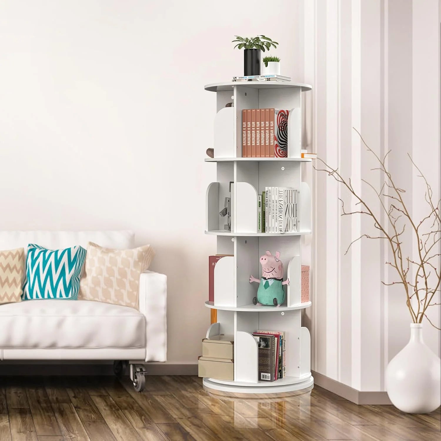 360 Rotating 4-Tier Narrow Bookcase for Small Spaces, White H7274