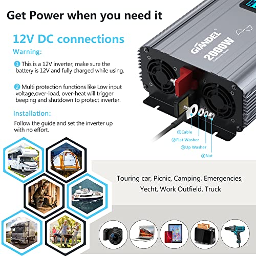 2000W Pure Sine Wave Power Inverter DC 12V to AC 120V with LCD Display and Remote Controller U48008