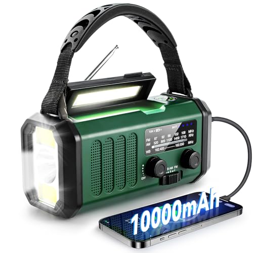10000mAh Emergency Weather Radio,Portable FM/AM/NOAA Battery Powered Survival Radios&Power Bank,Solar/Hand Crank/Type-C charger,Flashlight,Reading Lamp,Compass,SOS Alert,Outdoor Camping&Power Outages