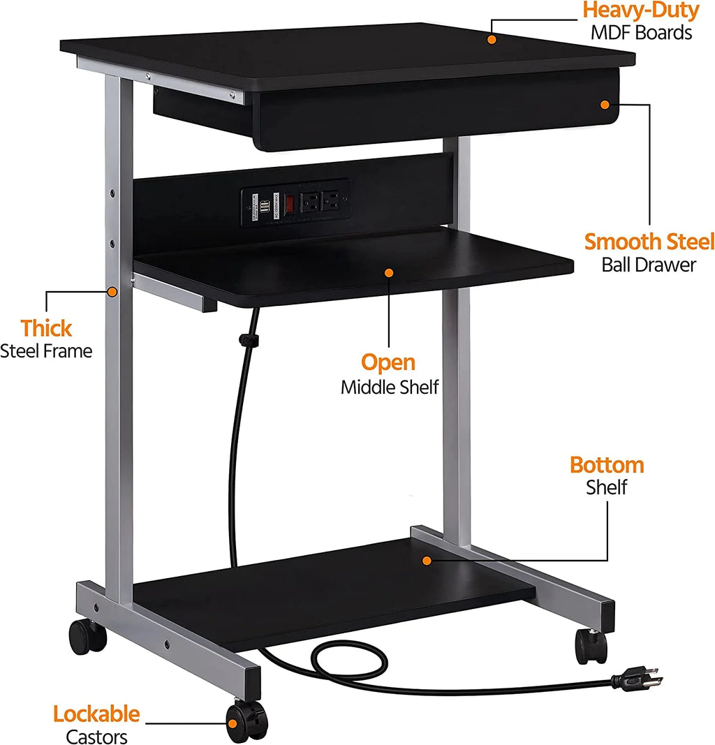 Laptop Desk Compact Computer Table On Wheels With Power Outlet And Usb Ports, Home Office Writing Desk With Charging Station And Printer Shelf Small Desk 22In For Space Saving, Black