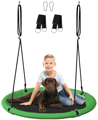 24 Inch Saucer Tree Swing Set for Kids & Adults, Adjustable Flying Swing Seat for Backyard or Outdoor Playground, Green & Black