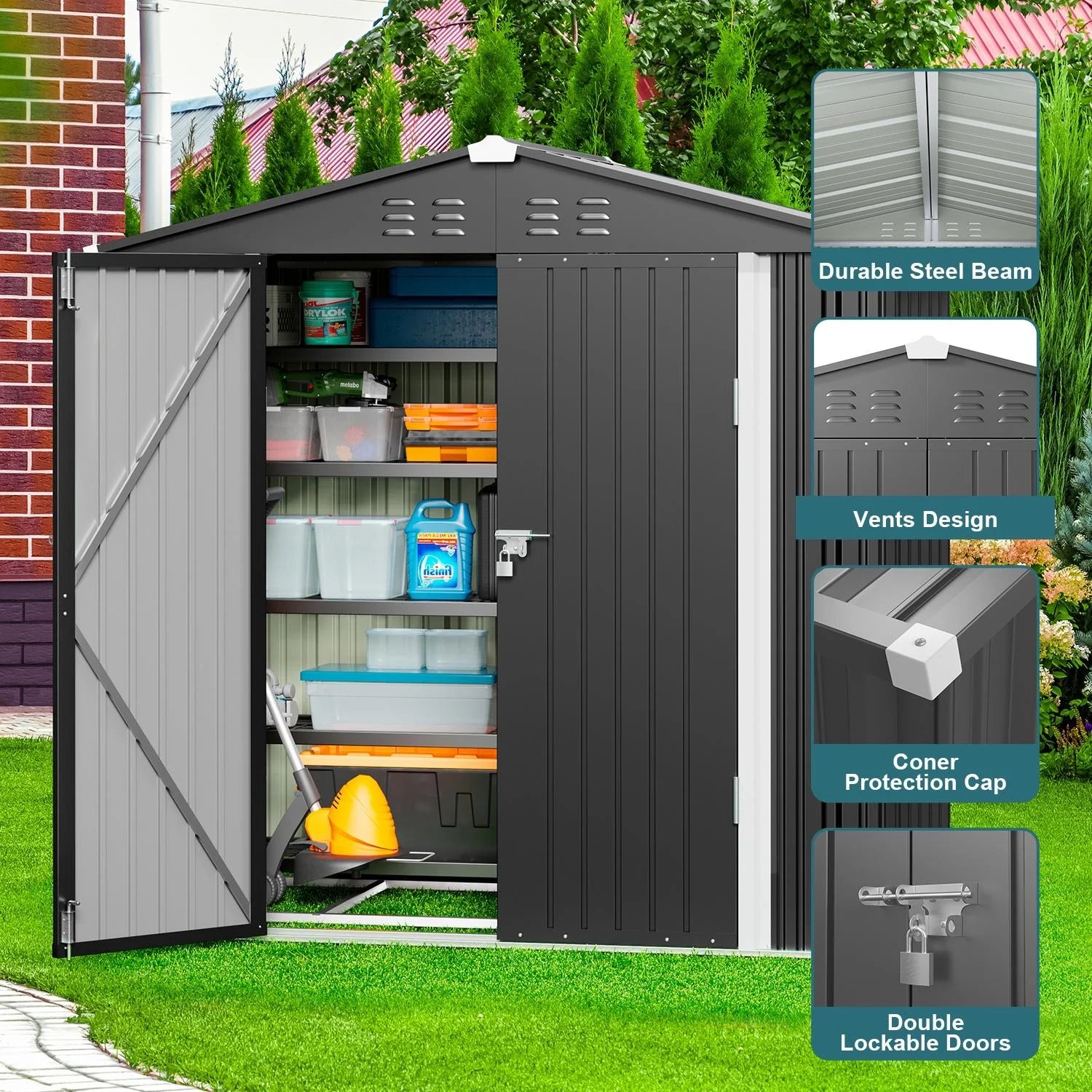 Outdoor Storage Shed with Base Frame, Metal Garden Shed, Dark Gray I45016