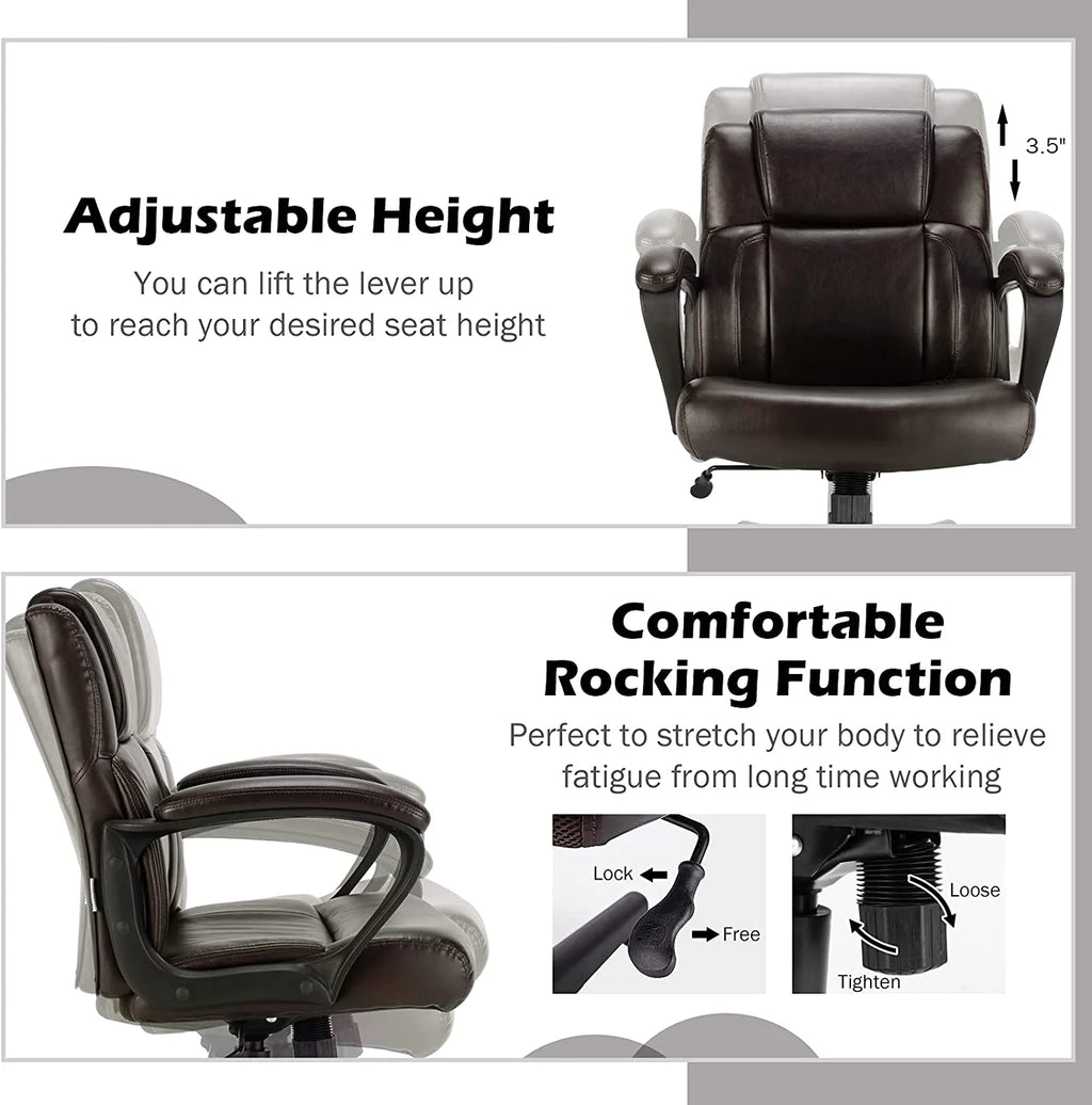 Office Chair Leather Ergonomic Mid Back Computer Desk Chair with Padded Armrests, Dark Brown R8686