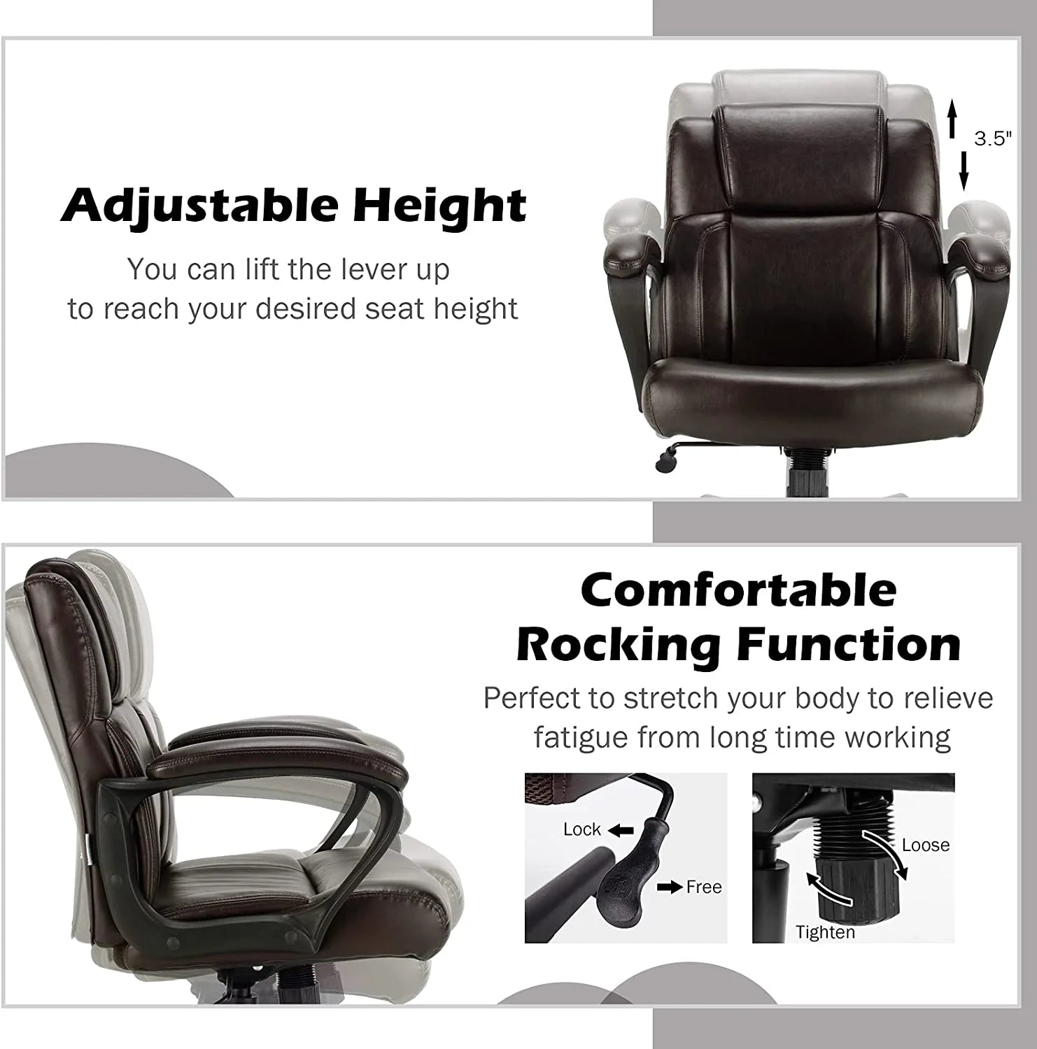 Office Chair Leather Ergonomic Mid Back Computer Desk Chair with Padded Armrests, Dark Brown R8686