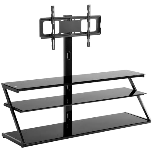 Universal Floor TV Stand Entertainment Center Table Height Adjustable Tempered Glass TV Stand Sturdy Metal Frame Swivel TV Floor Stand with Wire Management