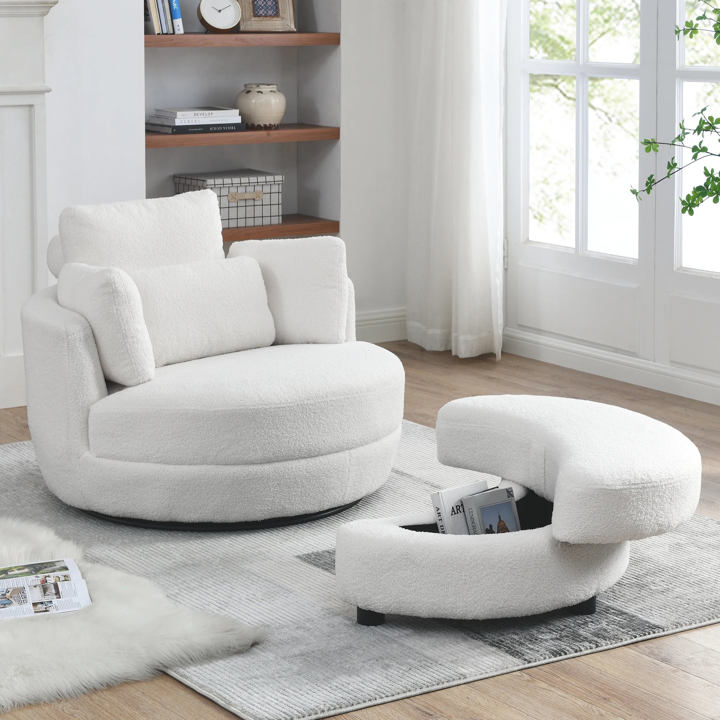 39"W Oversized Swivel Chair with moon storage ottoman for Living Room, Modern Accent Round Loveseat Circle Swivel Barrel Chairs for Bedroom Cuddle Sofa Chair Lounger Armchair, 4 Pillows
