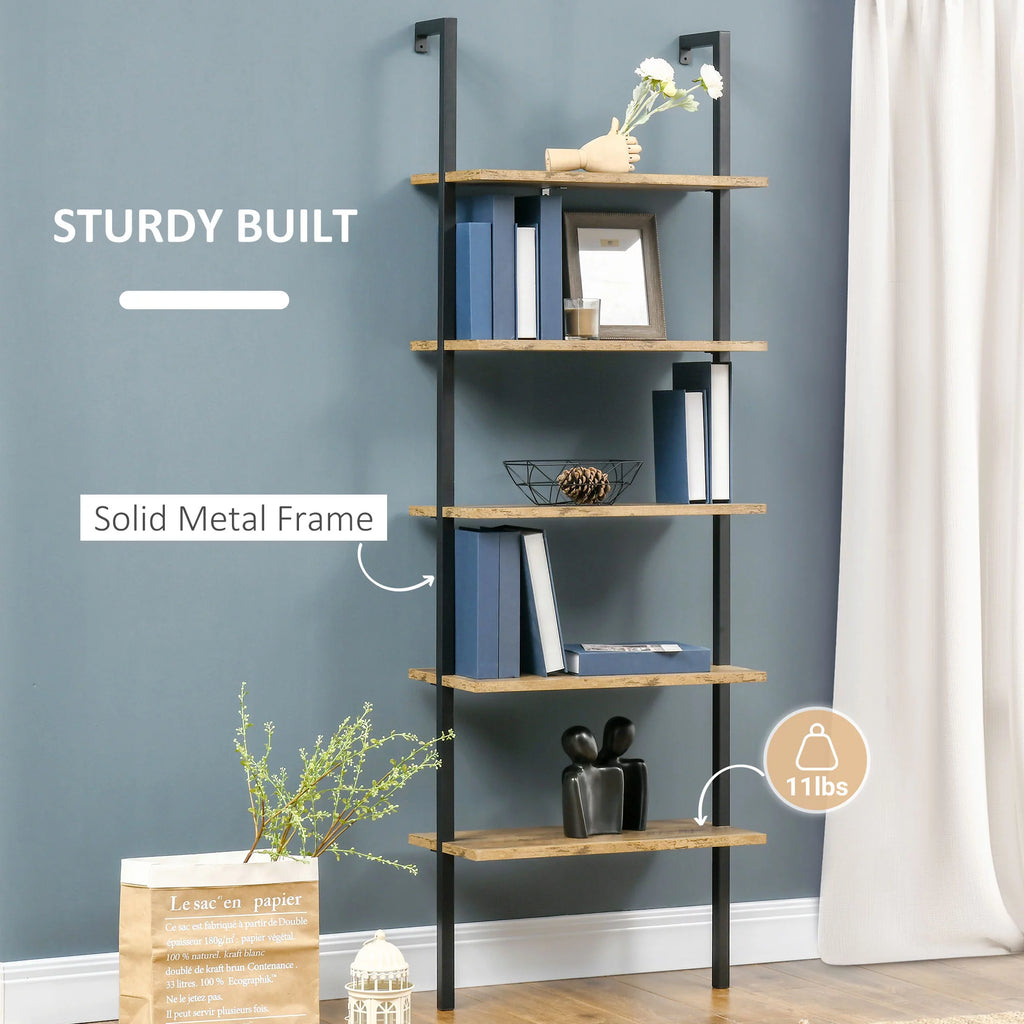 Industrial 5 Tier Wall Mount Ladder Shelf with Metal Frame, Corner Unit E10706