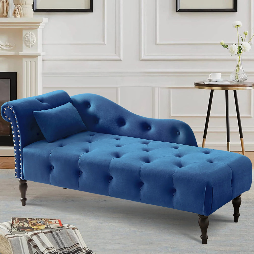 Modern Lounge Chaise Indoor, Upholstered Accent Chair with Button Tufted Seat and Solid Wooden Legs, Blue H5118