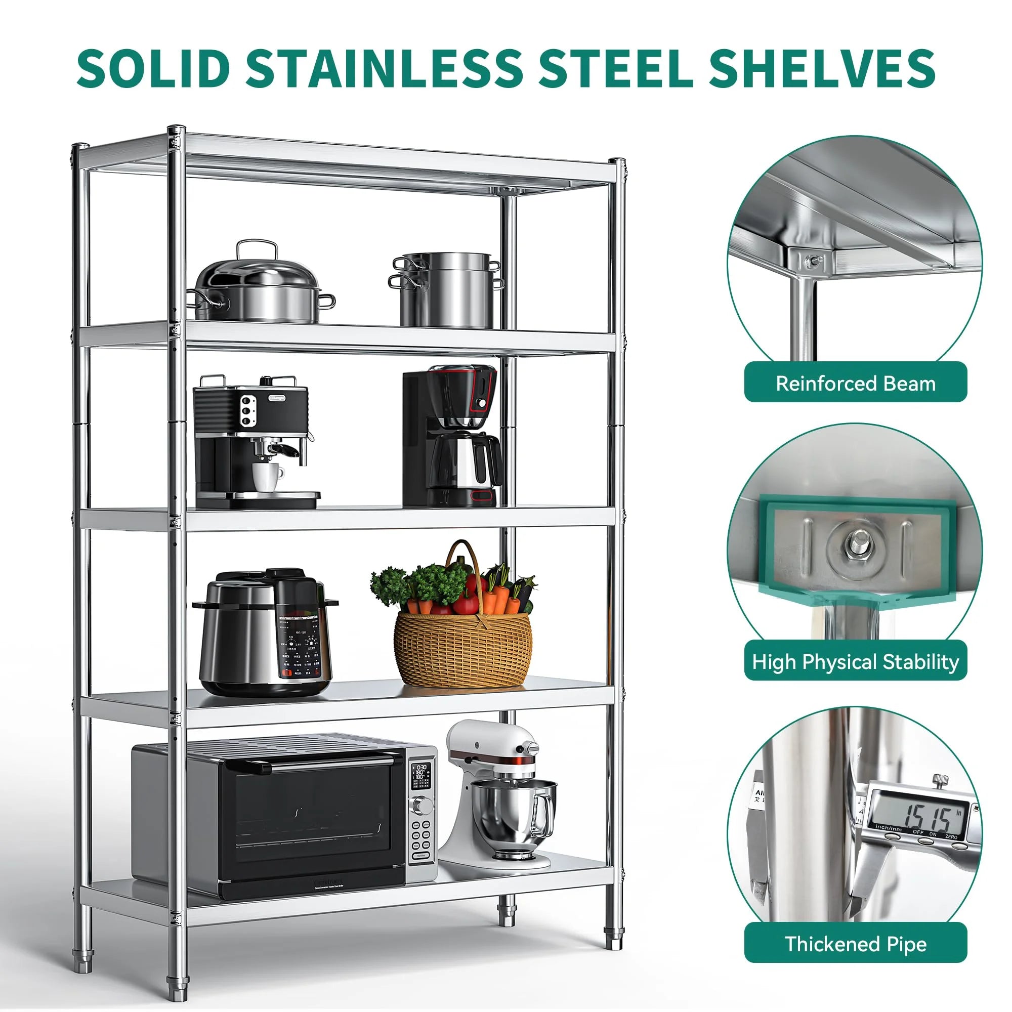 Stainless Steel 5-Tier Storage Shelving Unit, 48" x 18" x 72" P552
