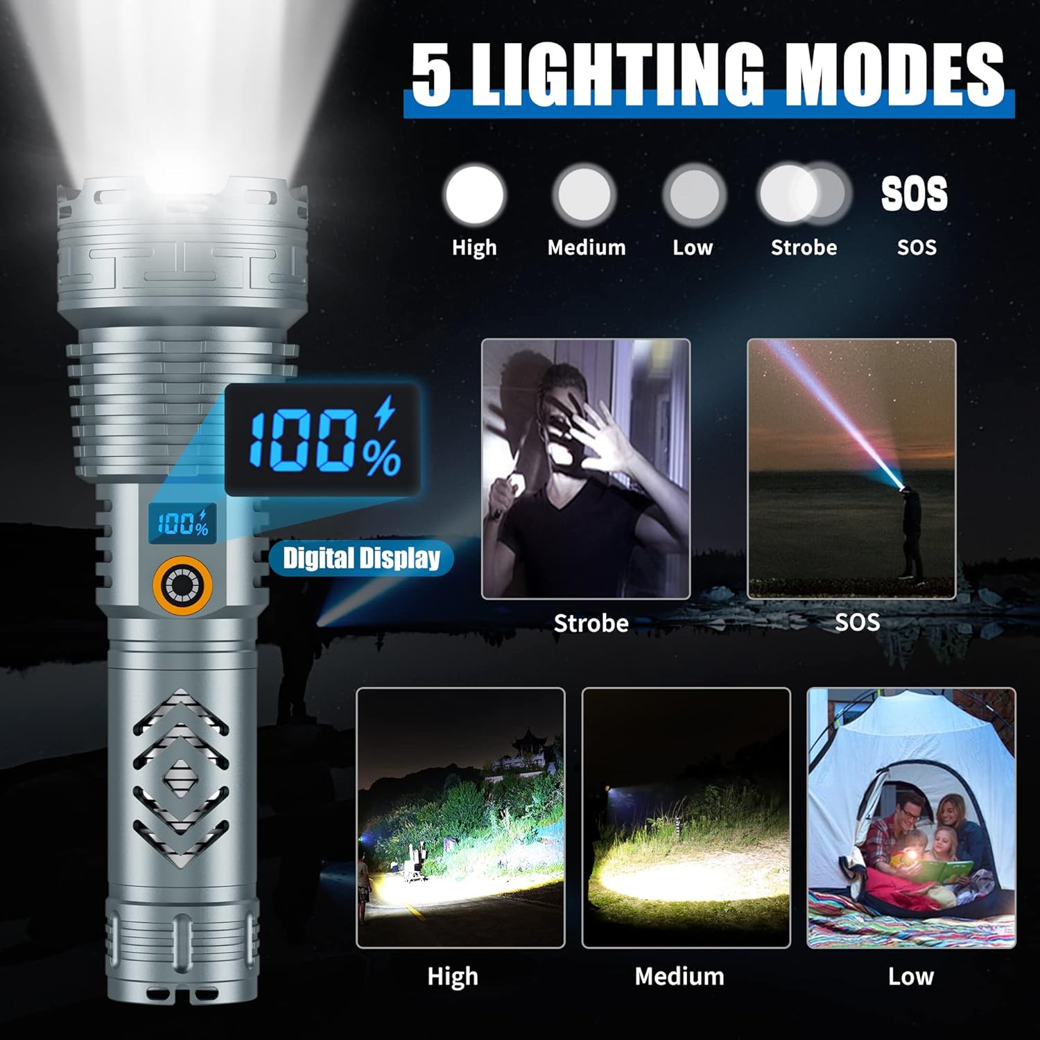 Rechargeable LED Flashlight 200000 Lumens with 5 Modes O733928