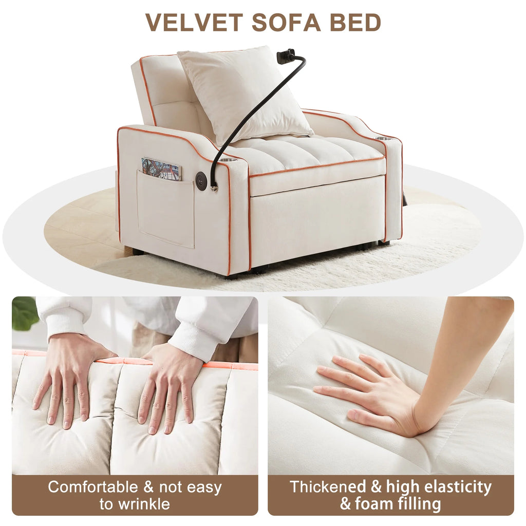 Sleeper Chair Bed, Convertible Pull Out Sofa Bed with USB Port and Cup Holders, Beige S570
