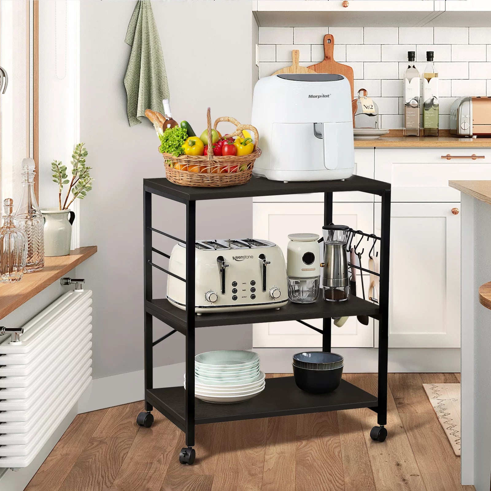3-Tier Rolling Kitchen Utility Cart with 5 Hooks U621005
