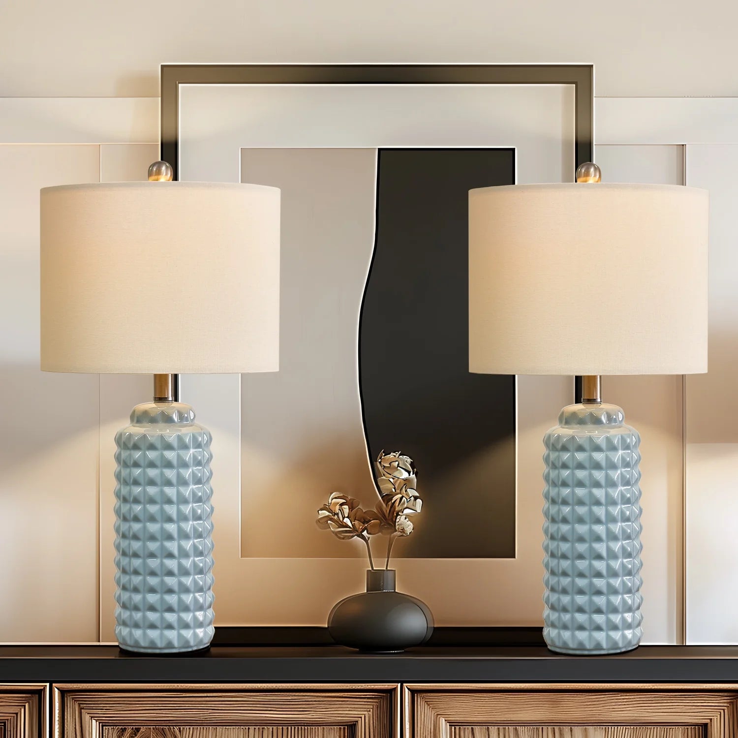 Ceramic Table Lamp for Living Room Bedroom, Light Blue, Set of 2 X857439